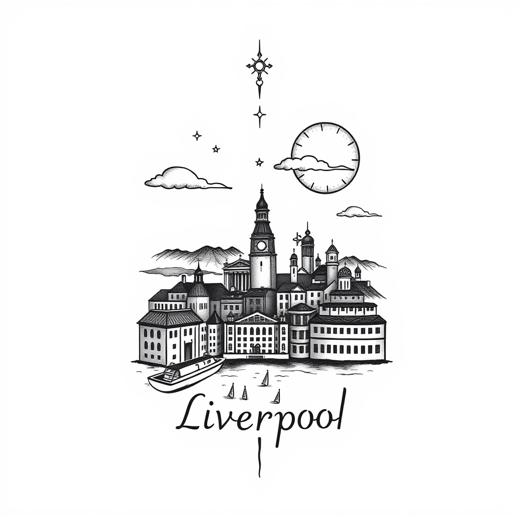 A tattoo design of Liverpool city landscape in the style of traditional. - city landscape tattoo design generated by AI tattoo generator