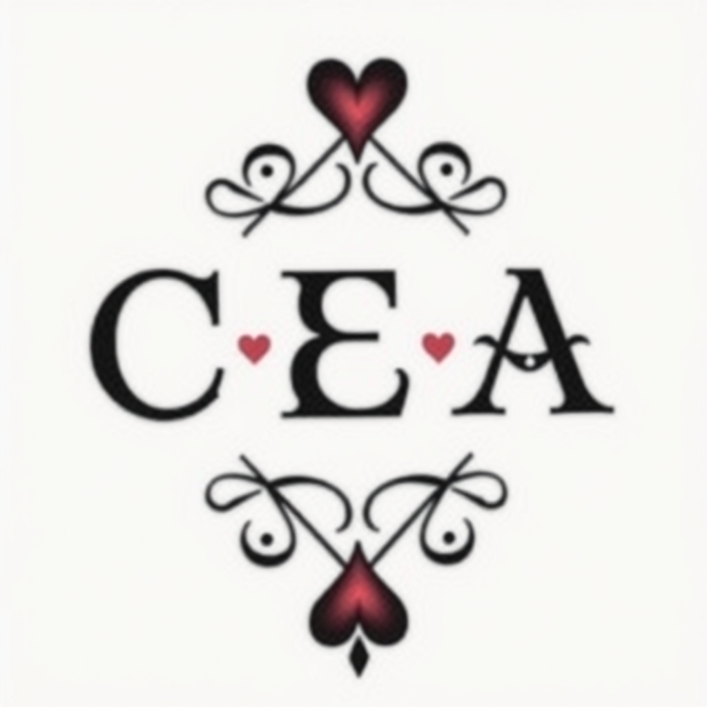 A tattoo design of Use the letters C, E and A to create a tattoo that symbolizes my wife, Cristina and daughters Eloise and Aubrey. Consider incorporating an Ace of hearts or similar in the style of geometric. - family crest tattoo design generated by AI tattoo generator