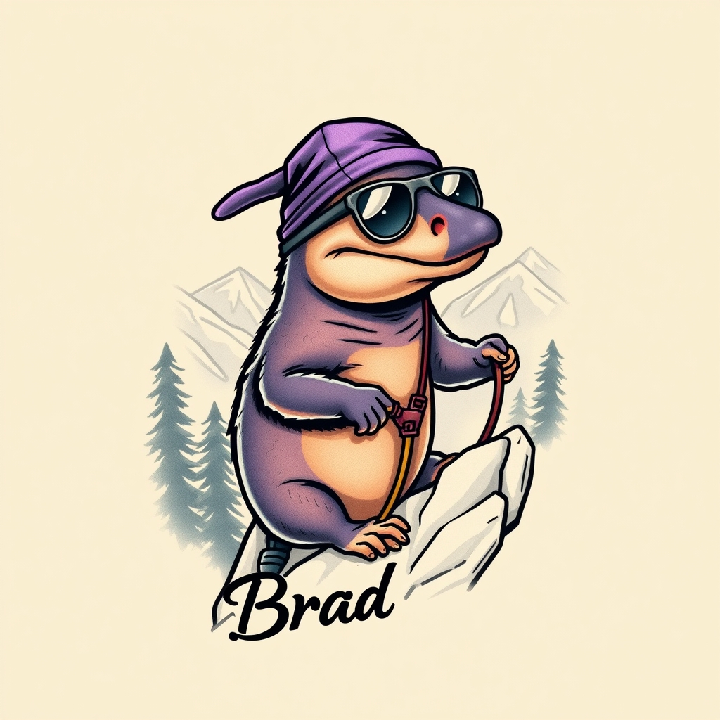 A tattoo design of A platypus who wears a backwards hat and sunglasses, loves the color purple, and is rock climbing with a rope and harness on a mountain with trees in the background. His name is Brad and he is goofy. in the style of realistic. - animal portrait tattoo design generated by AI tattoo generator