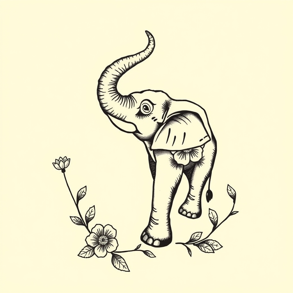 A tattoo design of elephant with trunk pointing up with flowers in the style of traditional. - animals tattoo design generated by AI tattoo generator