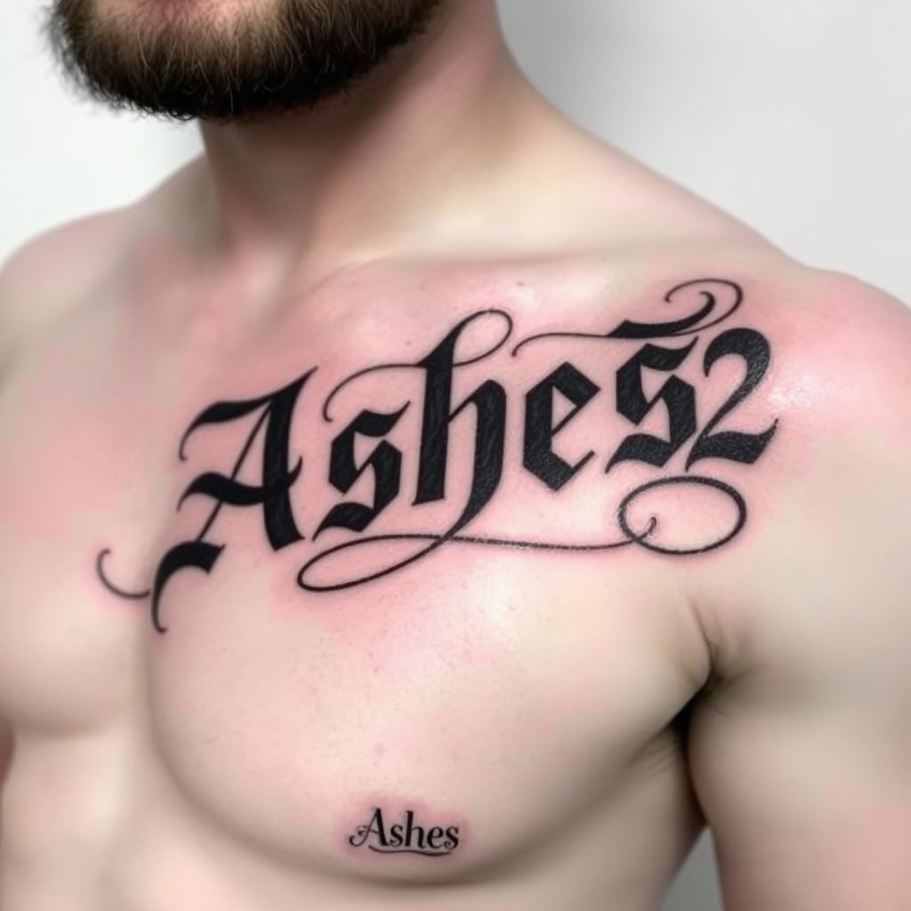 A tattoo design of Words "Ashes 222 Ashes" on left pectoralis in the style of tribal. - text tattoo design generated by AI tattoo generator
