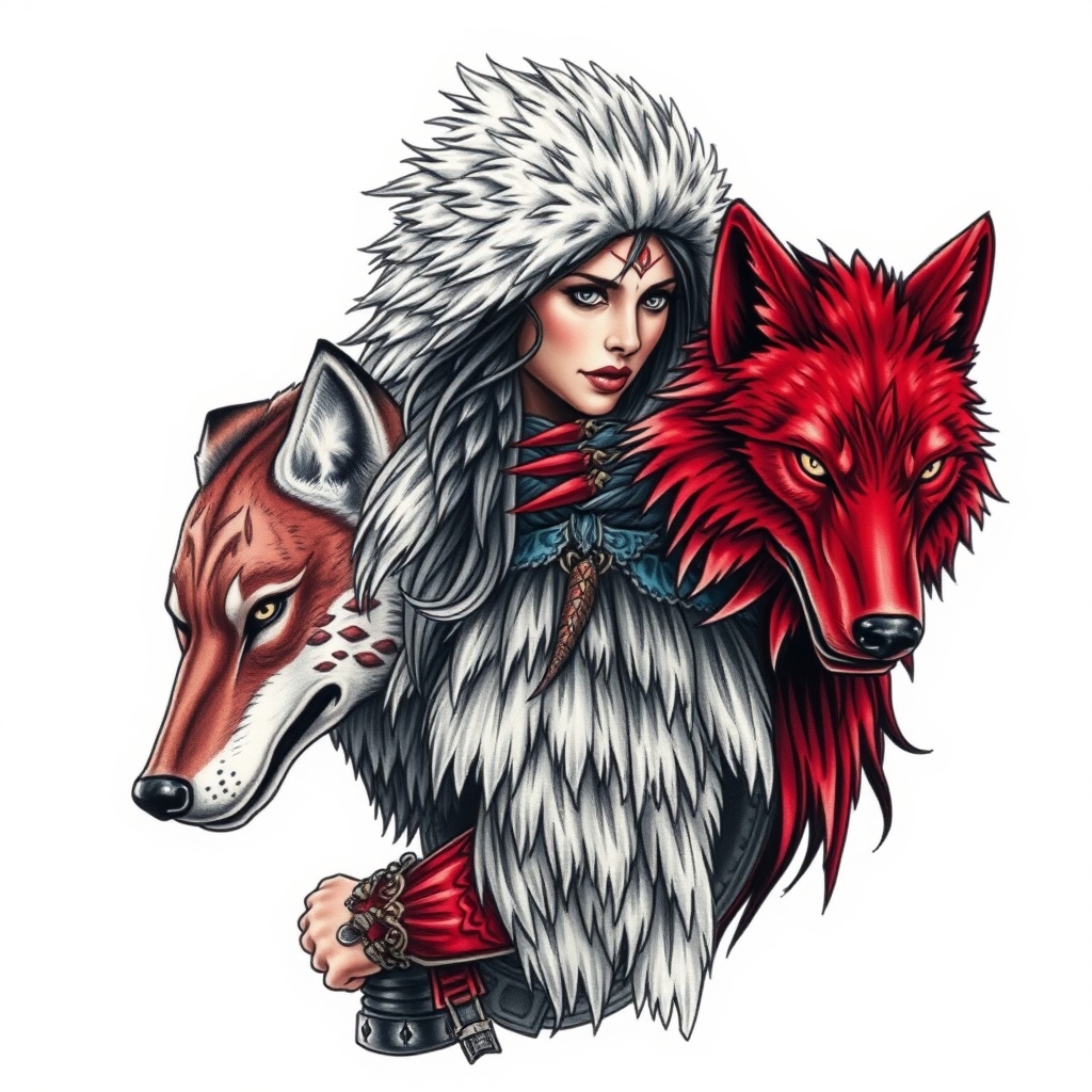 A tattoo design of A northern fur covered warrior goddess with a red dire wolf at her side in the style of realistic. - mythological figure tattoo design generated by AI tattoo generator