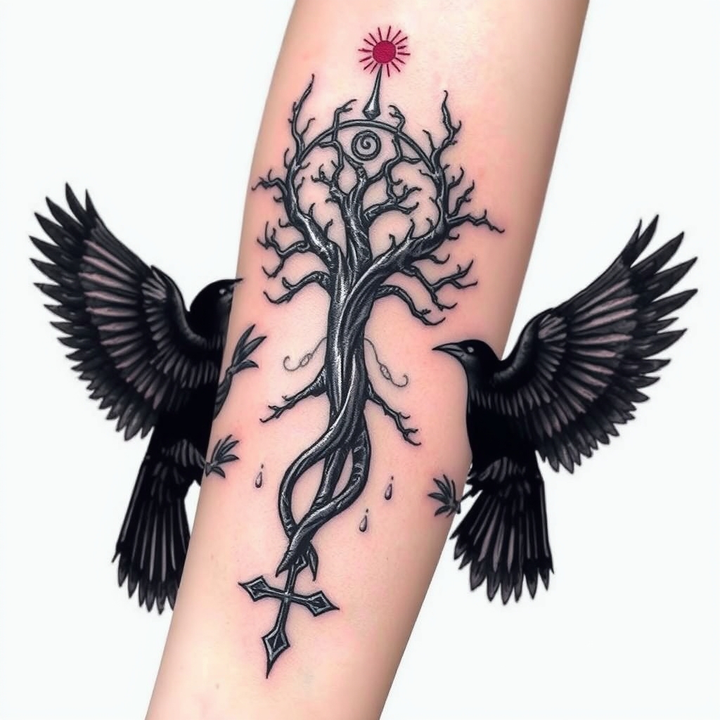 A tattoo design of feminine, odins ravens, wyrd, yggdrasil, vegvisin, valknut, troll cross, add a little red Down my arm onto my wrist in the style of surrealistic. - norse mythology tattoo design generated by AI tattoo generator