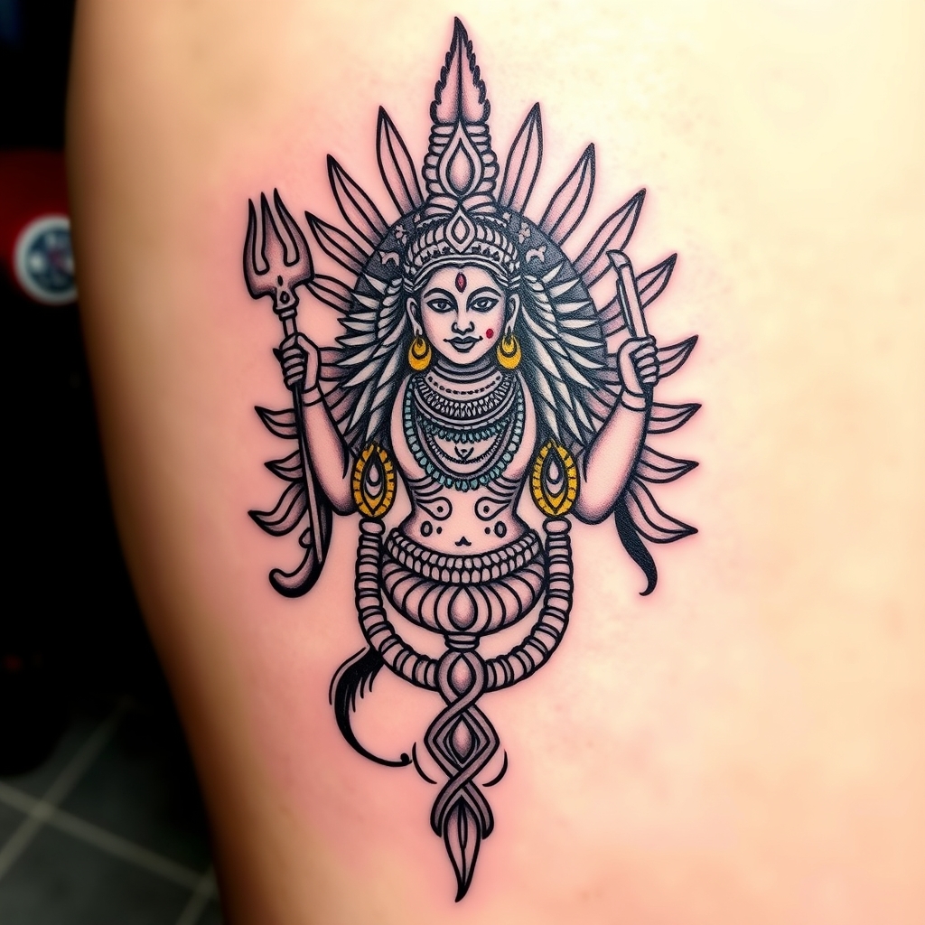 A tattoo design of Lord murugan vel in the style of traditional. - hindu deity tattoo design generated by AI tattoo generator