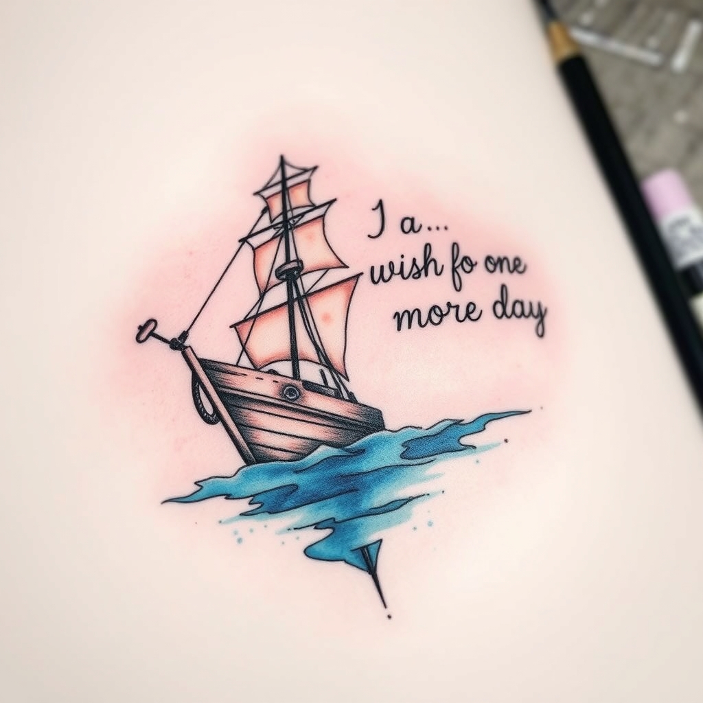 A tattoo design of Shipwreck with the quote I wish for one more day to give my love and repay debts in the style of watercolor. - ship wreck tattoo design generated by AI tattoo generator