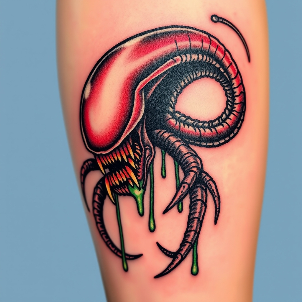 A tattoo design of Small violent xenomorph with green acid dripping in the style of realistic. - alien creature tattoo design generated by AI tattoo generator