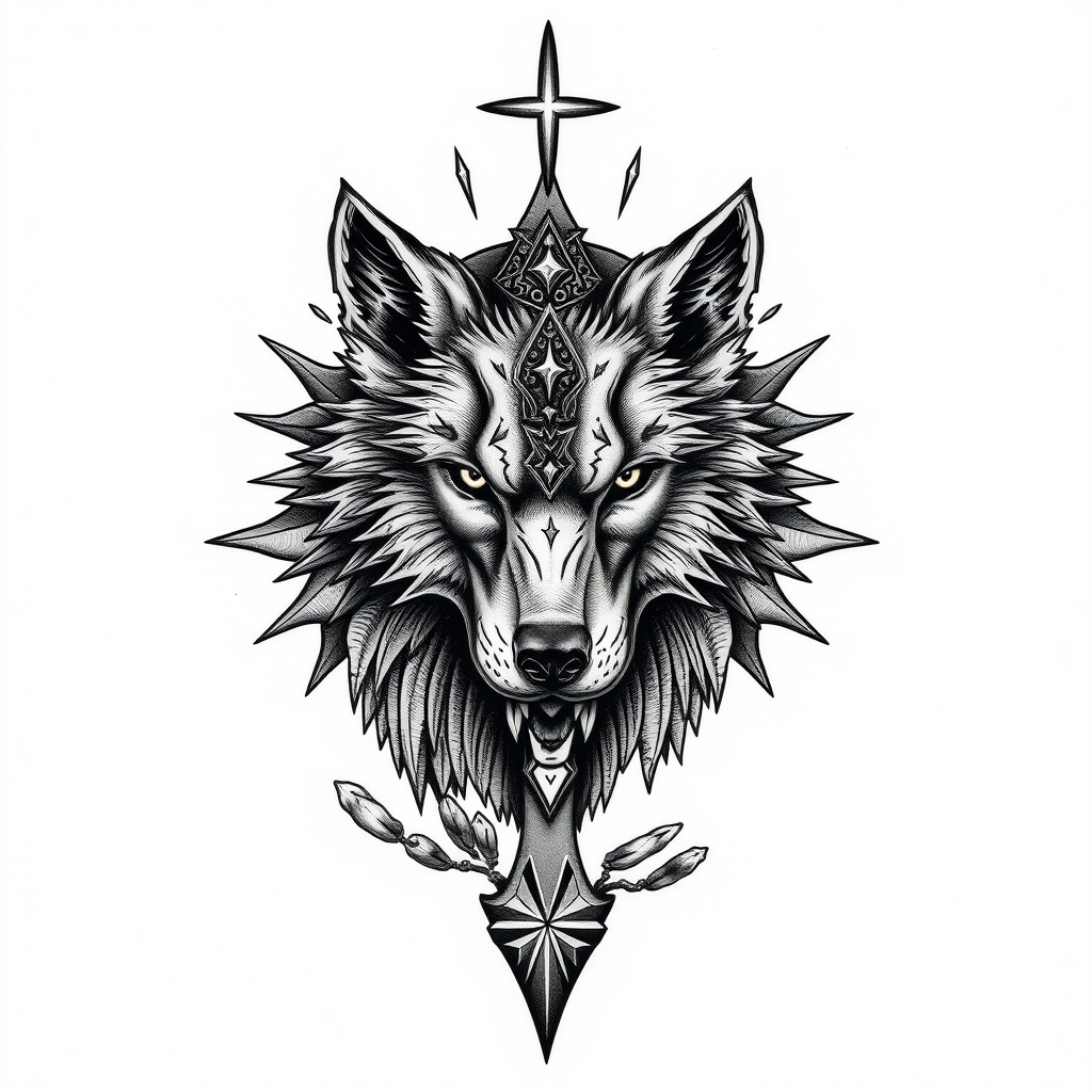 A tattoo design of wolf heavens gate in the style of realistic. - animal mythology tattoo design generated by AI tattoo generator