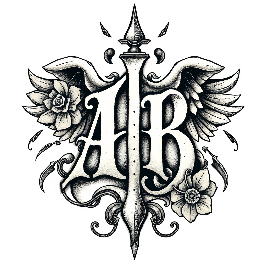 A tattoo design of Initials AB, year 1974,  in the style of surrealistic. - initials tattoo design generated by AI tattoo generator