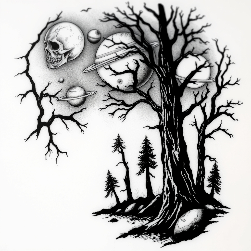 A tattoo design of Scary Forest and planets in the style of blackwork. - space fantasy tattoo design generated by AI tattoo generator