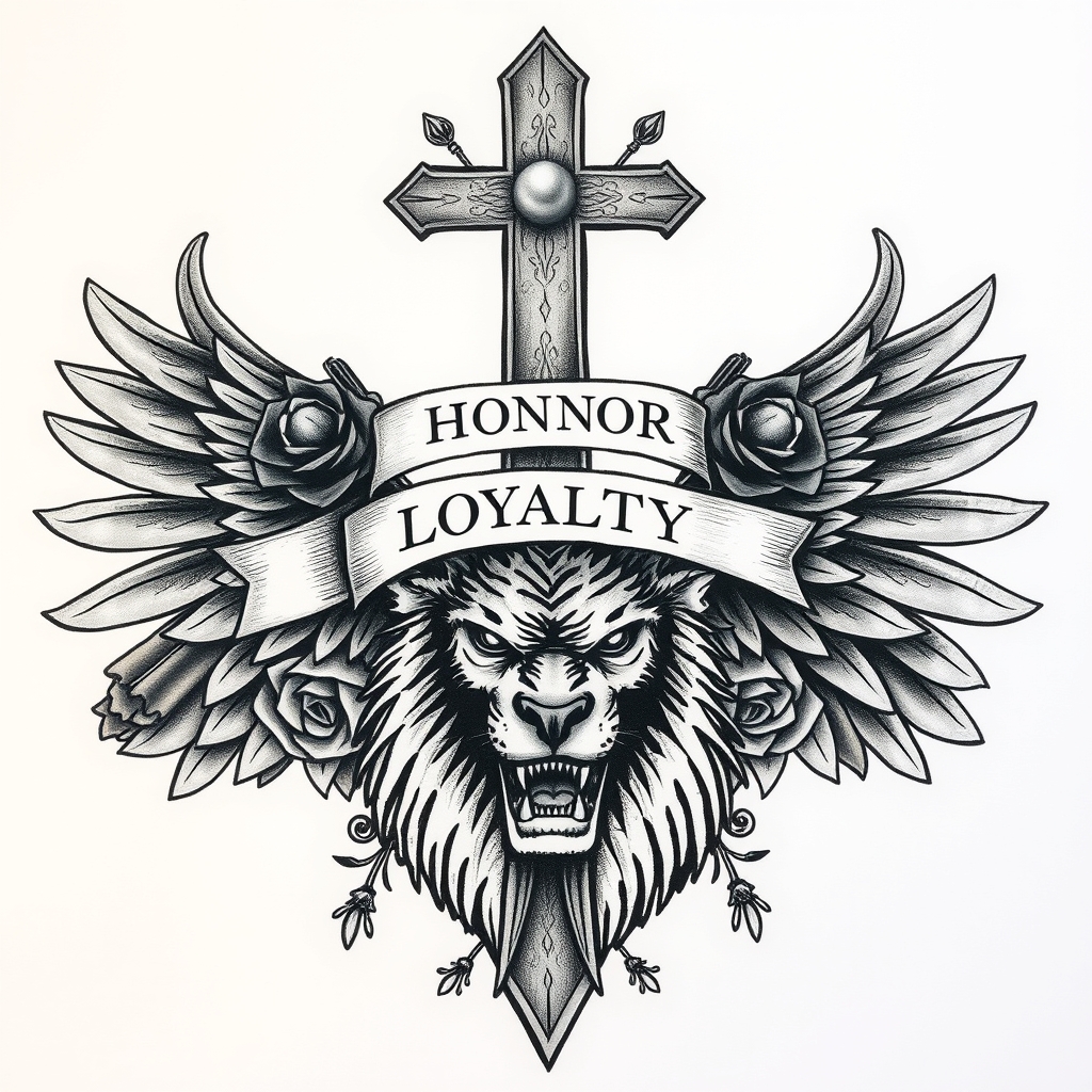 A tattoo design of A Christian cross with the words Truth, Honor, Loyalty in a banner and 2 diagonal pearl pistols with roses wrapped around and an Eagles wings on a lion in the style of realistic. - christian symbolism tattoo design generated by AI tattoo generator