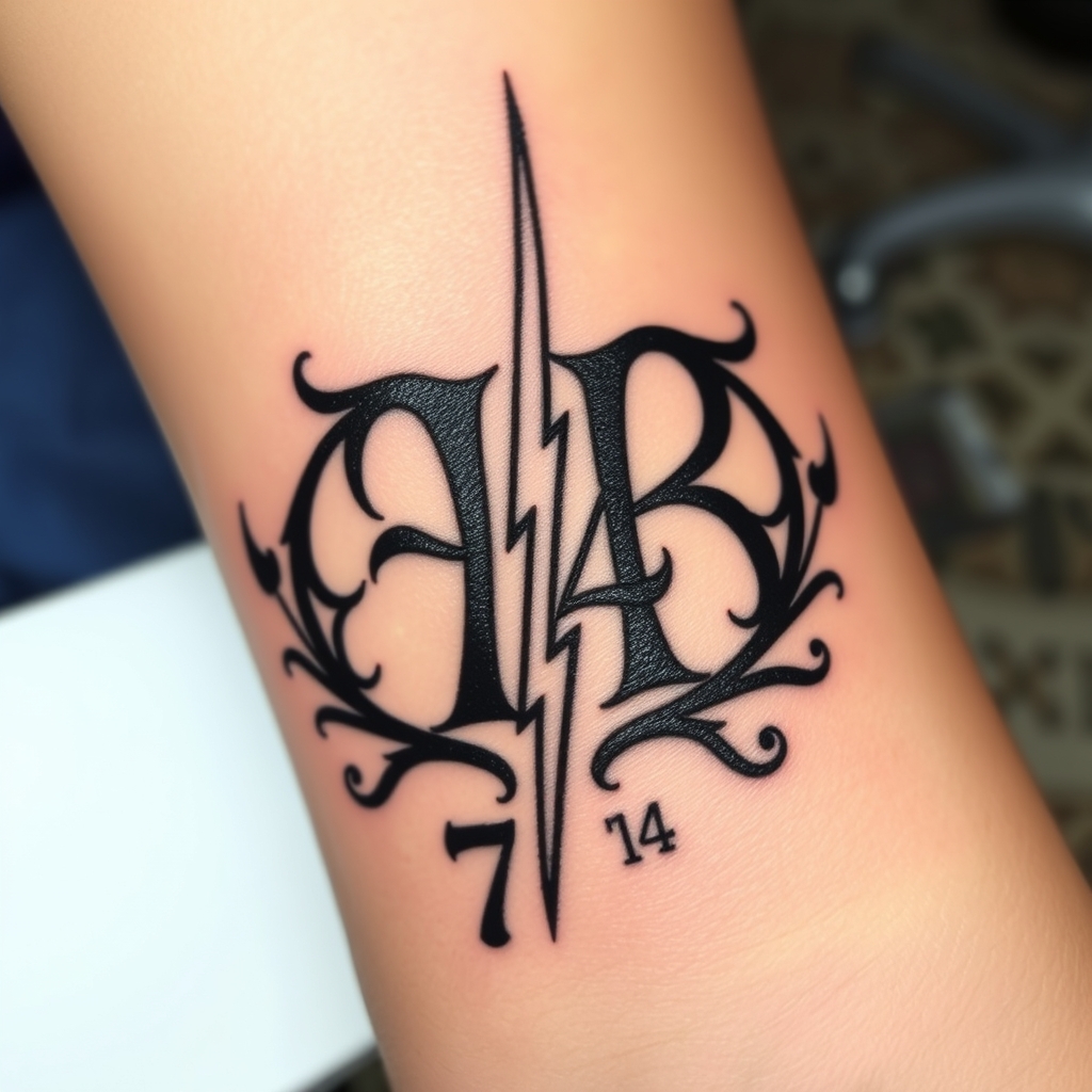 A tattoo design of Initials AB, year 74, lightning bolt in the style of tribal. - symbol tattoo design generated by AI tattoo generator
