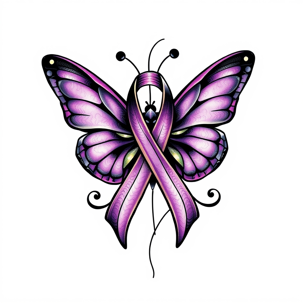 A tattoo design of  crying with the domestic awareness ribbon with a purple butterfly entwined together in the style of tribal. - awareness ribbon tattoo design generated by AI tattoo generator