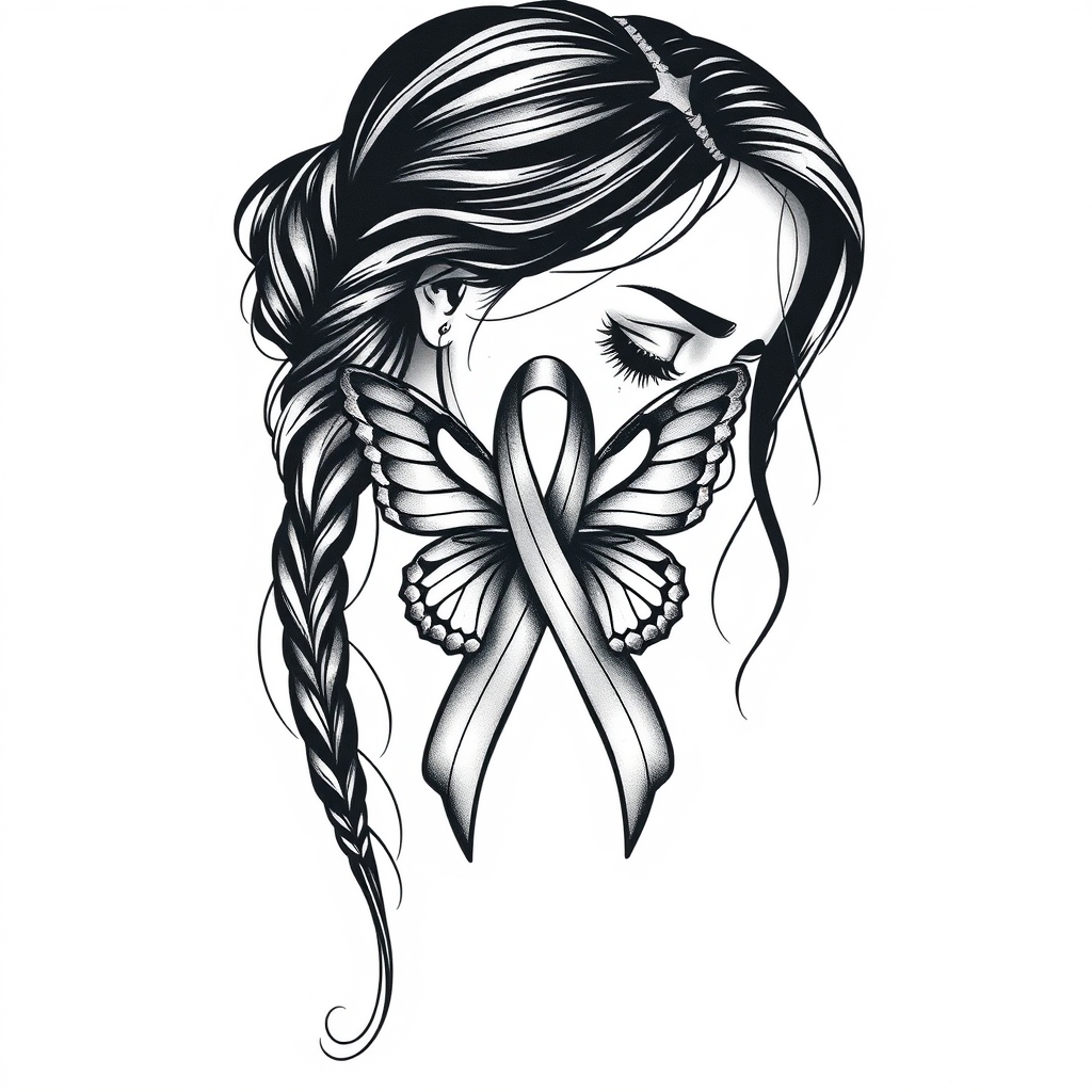 A tattoo design of A woman crying with the domestic awareness ribbon with a butterfly entwined together in the style of tribal. - awareness symbols tattoo design generated by AI tattoo generator