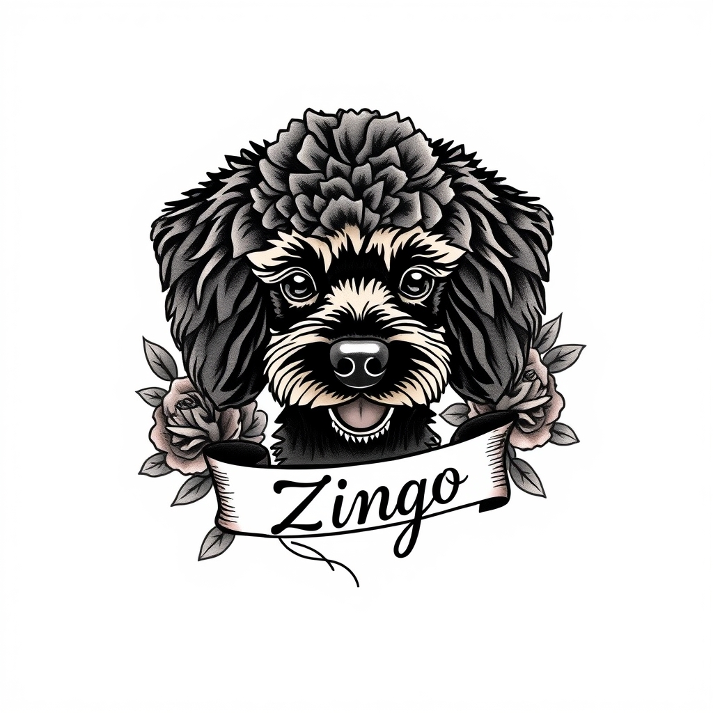 A tattoo design of Black poodle head with a banner saying ”Zingo”. Should have some nice frame look like roses, leafs or something fitting a traditional tattoo in the style of traditional. - animal portrait tattoo design generated by AI tattoo generator