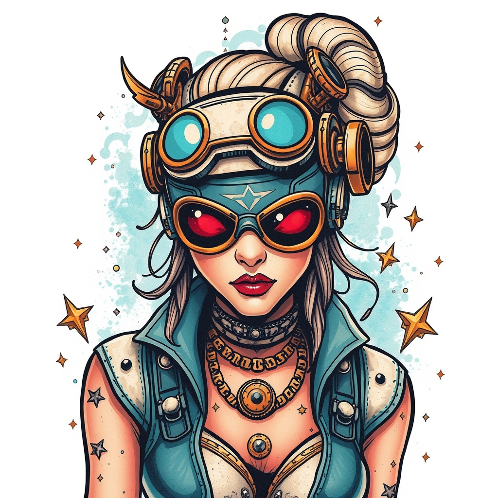 A tattoo design of Steampunk superhero girl who is cool in the style of surrealistic. - steampunk superhero tattoo design generated by AI tattoo generator