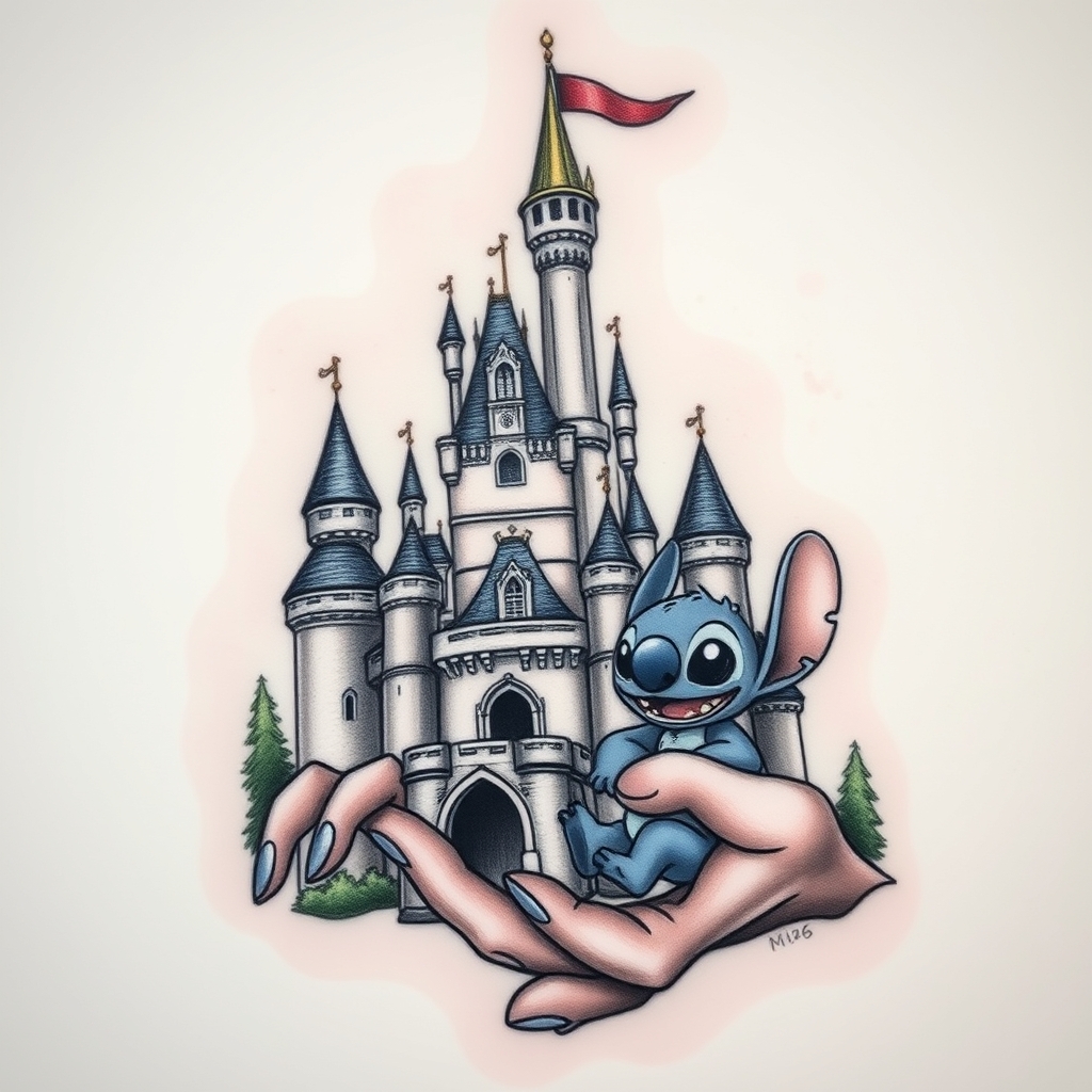 A tattoo design of Castello disney con treccia intorno ad una torre e in primo piano stitch molto piccolo con in mano un palloncino a forma di topolino in the style of realistic. - disney castle tattoo design generated by AI tattoo generator