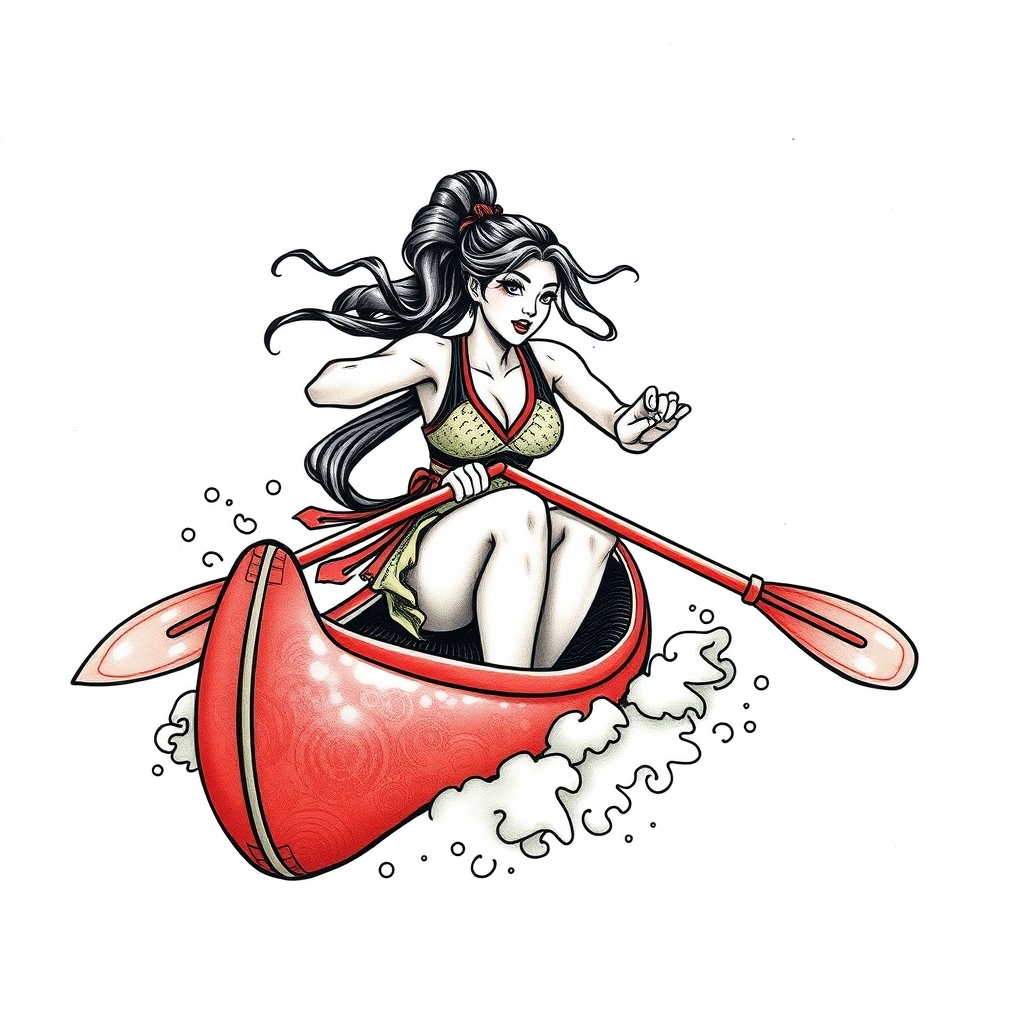 A tattoo design of A strong woman paddling a canoe in the style of japanese. - woman in a canoe tattoo design generated by AI tattoo generator