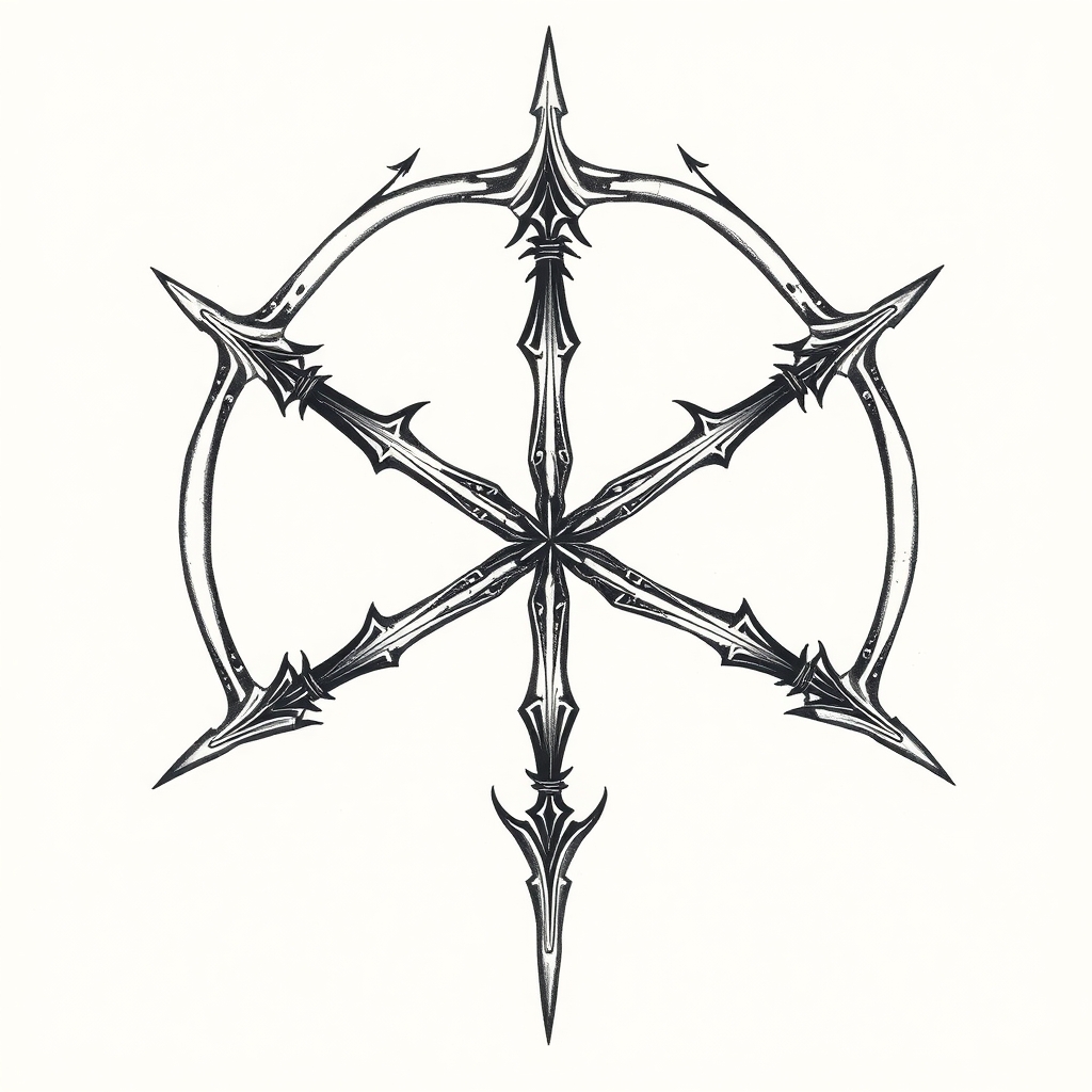 A tattoo design of three interlocking longbows spiraling from a center point similar to a triskelion in the style of tribal. - archery mythological symbol tattoo design generated by AI tattoo generator