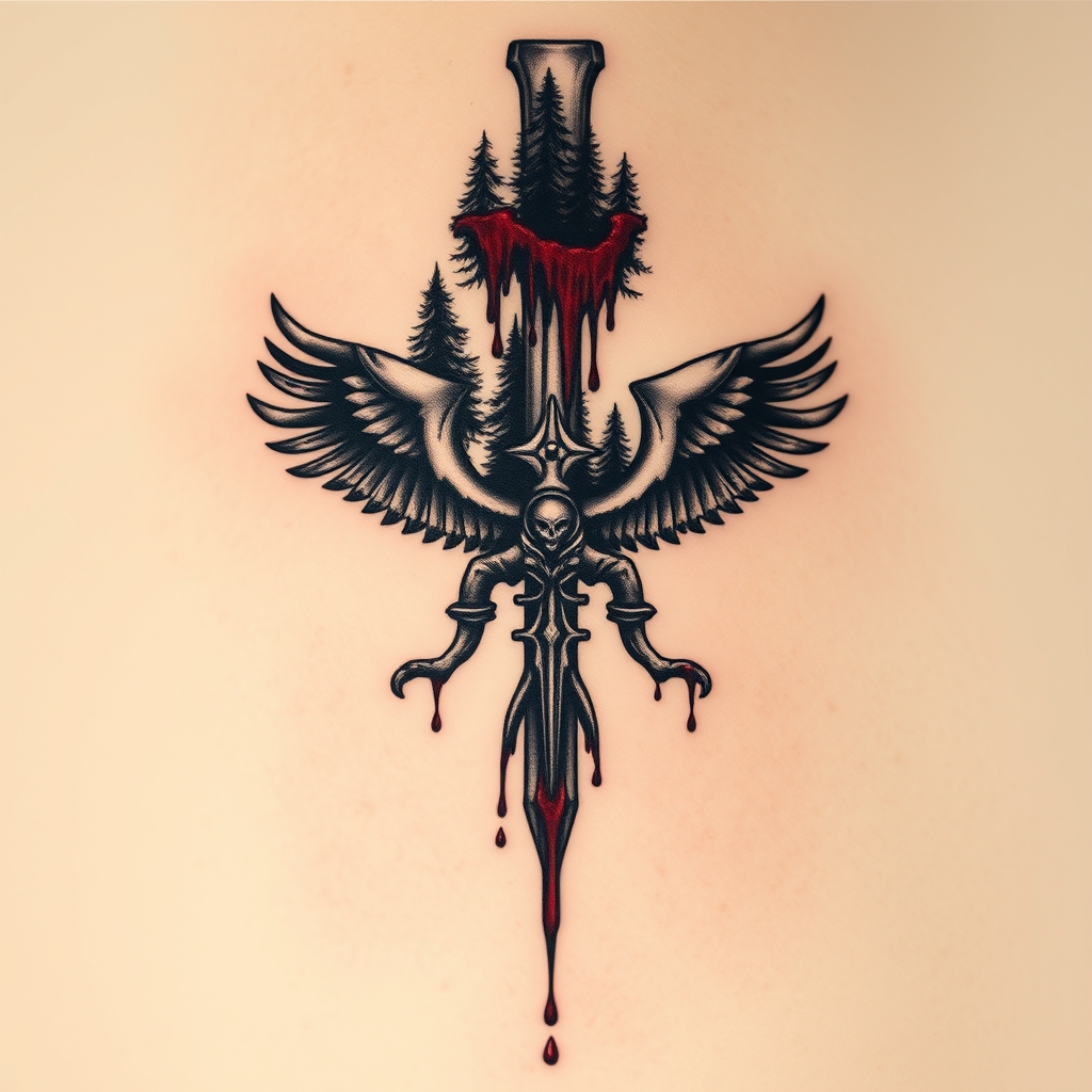 A tattoo design of Valkyrie symbol covered in forest, on top on the symbol there should be blood that goes down to the bottom of the stave in style of trashpolka in the style of realistic. - mythology tattoo design generated by AI tattoo generator