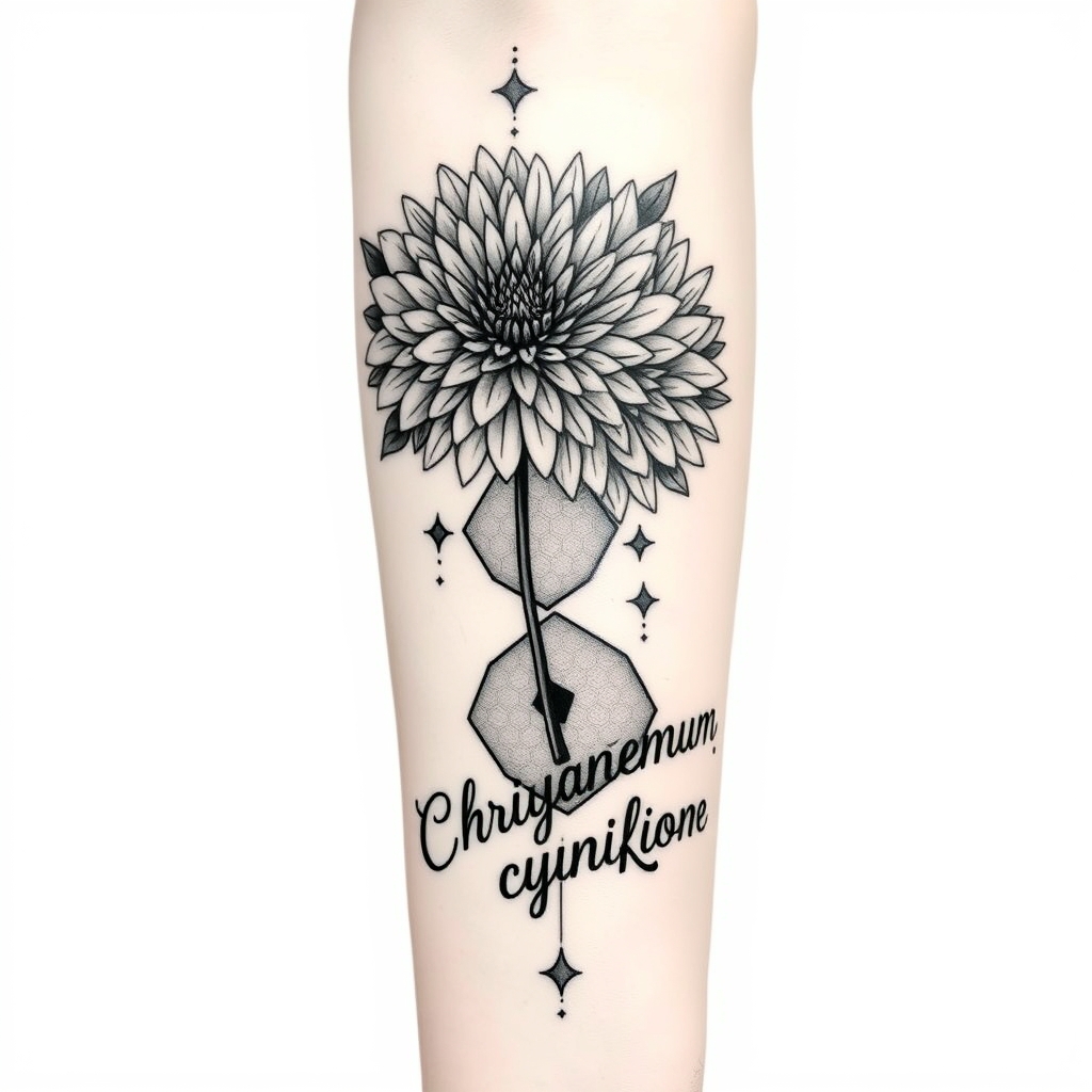 A tattoo design of Black and white from butter forearm elbow to hand, blooming Chrysanthemums, hexagons, the word Chrysanthemum down forearm in the style of geometric. - flowers tattoo design generated by AI tattoo generator