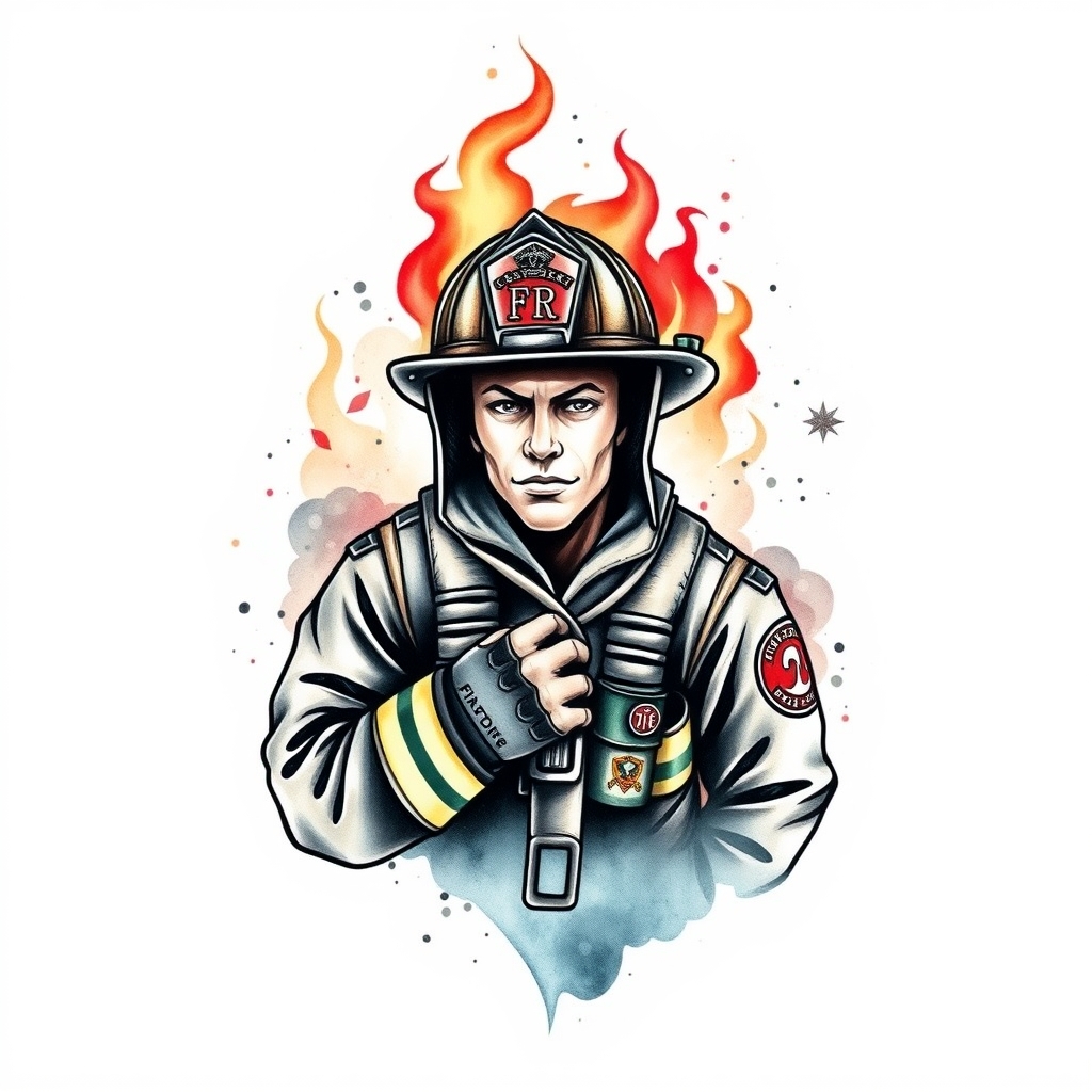 A tattoo design of Firefighter pinup  in the style of watercolor. - pin up tattoo design generated by AI tattoo generator