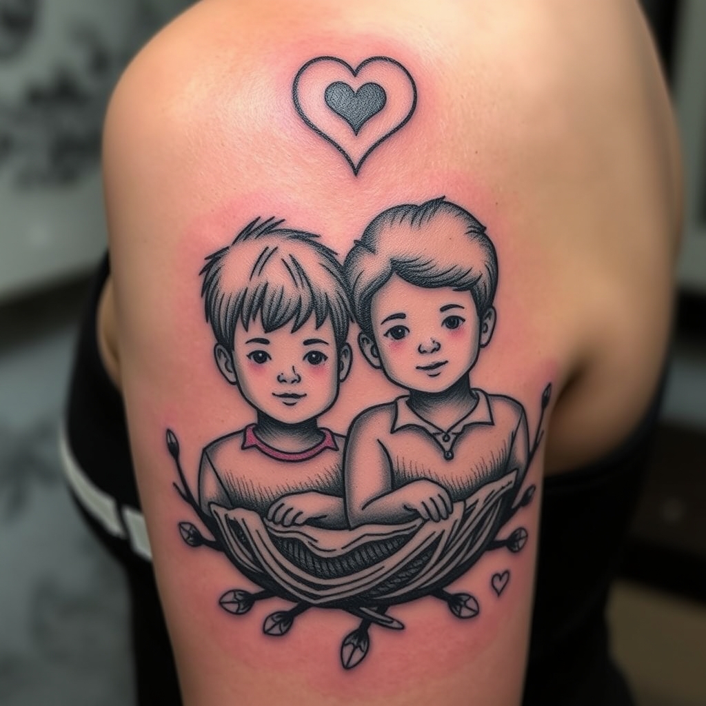 A tattoo design of Mother of two sons that are grown and left the nest in the style of realistic. - family tattoo design generated by AI tattoo generator