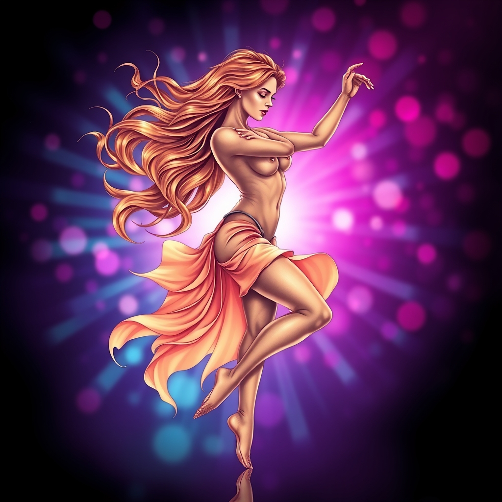 A tattoo design of A breathtakingly human woman dances mid-pose, her movement caught between motion and stillness. Her hair flows like liquid gold in slow gravity, while her form spirals with the grace of a Fibonacci shell. The background glows with radiant neon pinks and electric blues — a dreamy surreal night with shimmering bokeh. Her expression is pure reverie, as if music moves through her bones. The lighting casts soft shadows that carve her features in high-resolution detail, almost too perfect to be real. in the style of geometric. - woman tattoo design generated by AI tattoo generator