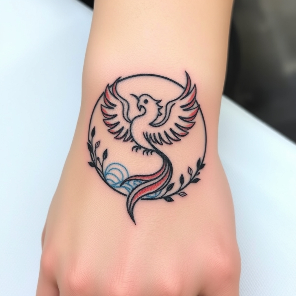 A tattoo design of Phoenix representing transformation and power 🌿 Garland vine adding growth, connection, and organic beauty 🌊 Water ripples symbolizing peace, renewal, and emotional flow 🎨 All unified in a clean, bold-lined circular band — timeless and wearable wrapped around wrist in the style of minimalist. - mythical creatures animals tattoo design generated by AI tattoo generator