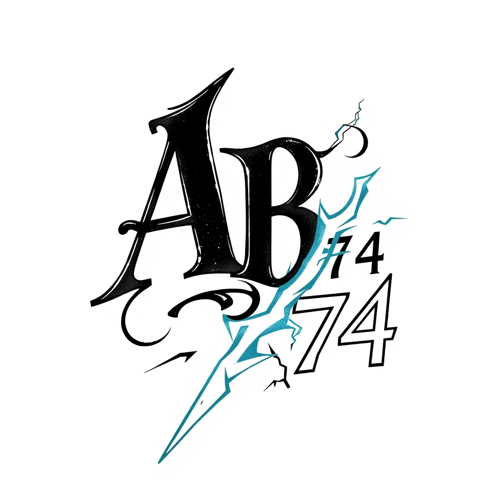A tattoo design of Initials AB, year 74, lightning bolt in the style of realistic. - symbol tattoo design generated by AI tattoo generator