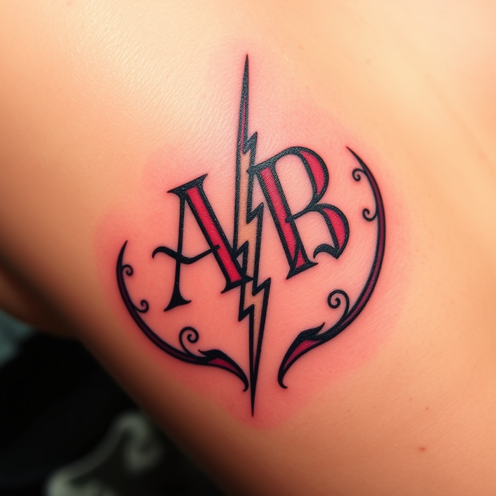 A tattoo design of Initials AB, year 74, lightning bolt in the style of tribal. - symbolic emblem tattoo design generated by AI tattoo generator