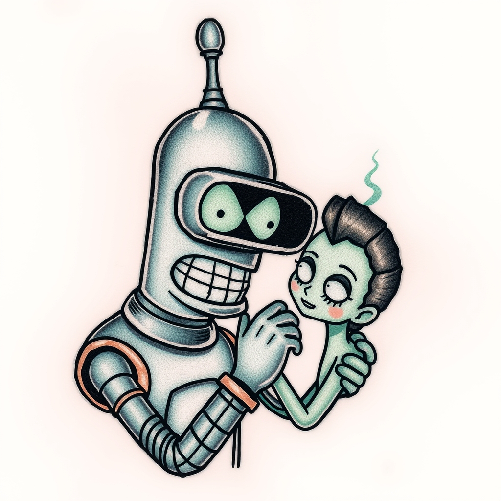 A tattoo design of Bender from futurama stroking luci from disenchantment  in the style of realistic. - cartoon characters tattoo design generated by AI tattoo generator