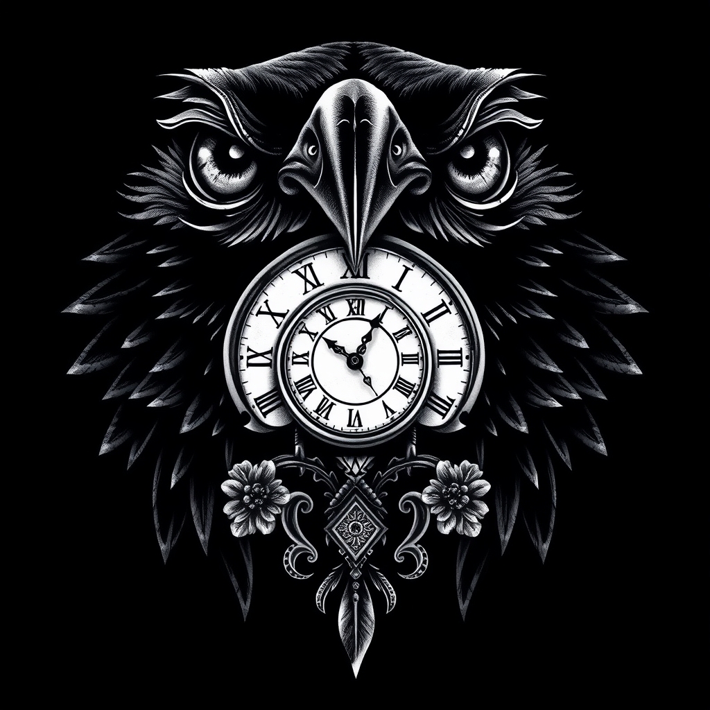 A tattoo design of Eyes and black raven with a clock in the style of blackwork. - animals and time tattoo design generated by AI tattoo generator