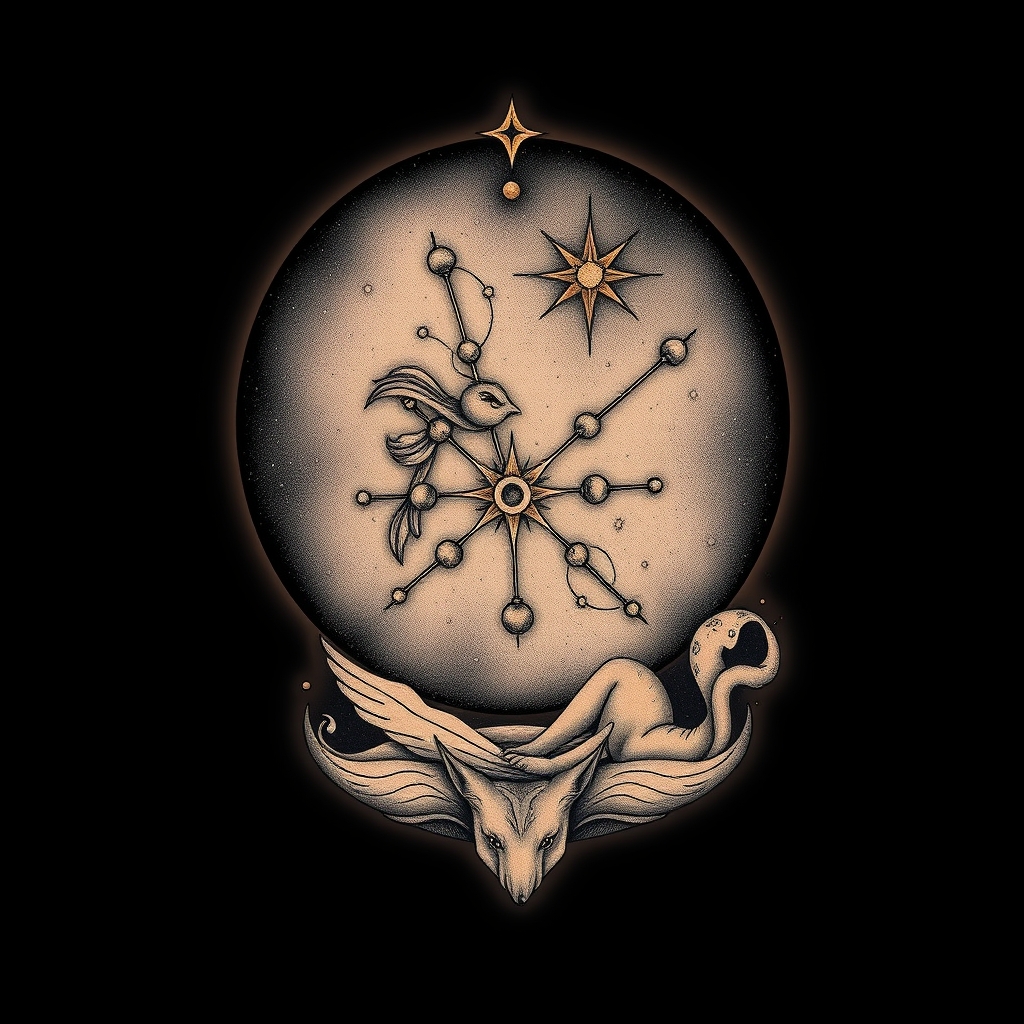 A tattoo design of Picies constellation in the style of surrealistic. - astronomy tattoo design generated by AI tattoo generator