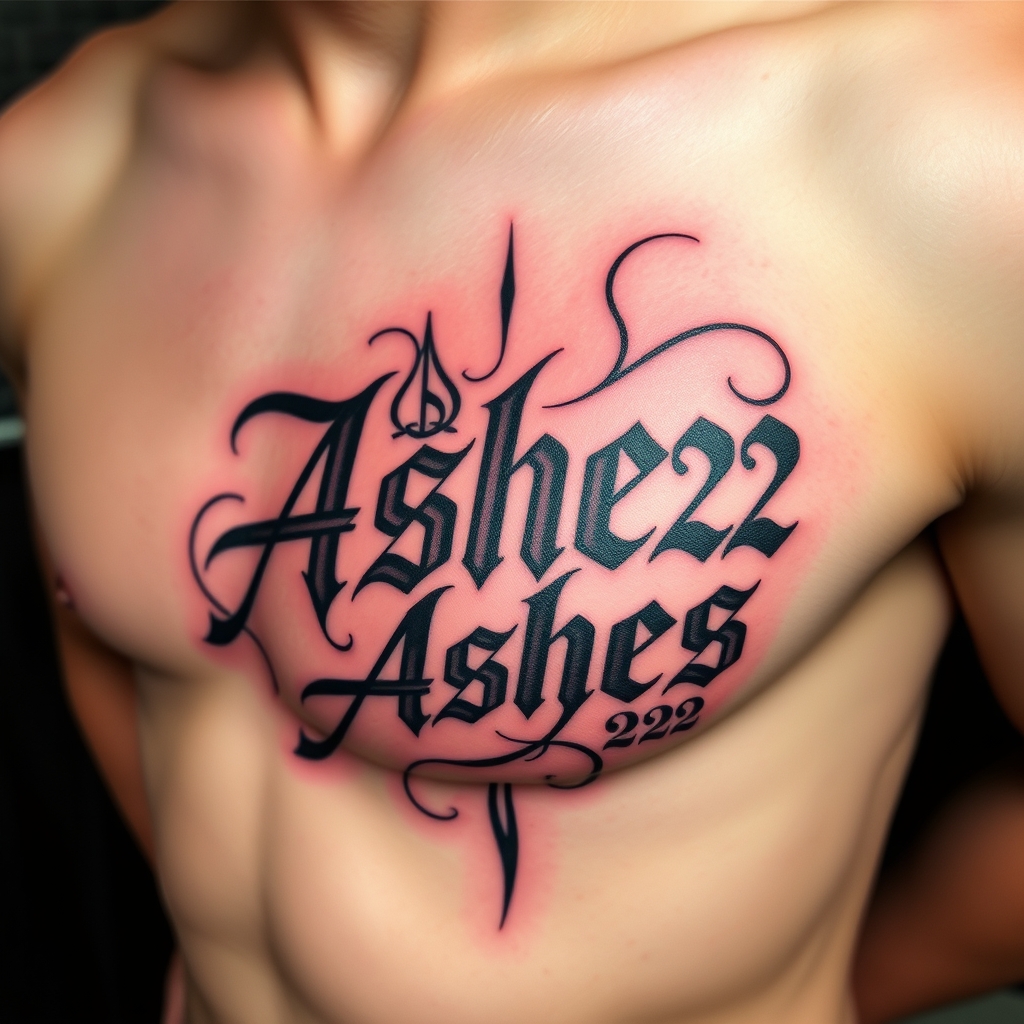 A tattoo design of Words "Ashes 222 Ashes" on left pectoralis in the style of abstract. - memorial ashes tattoo design generated by AI tattoo generator