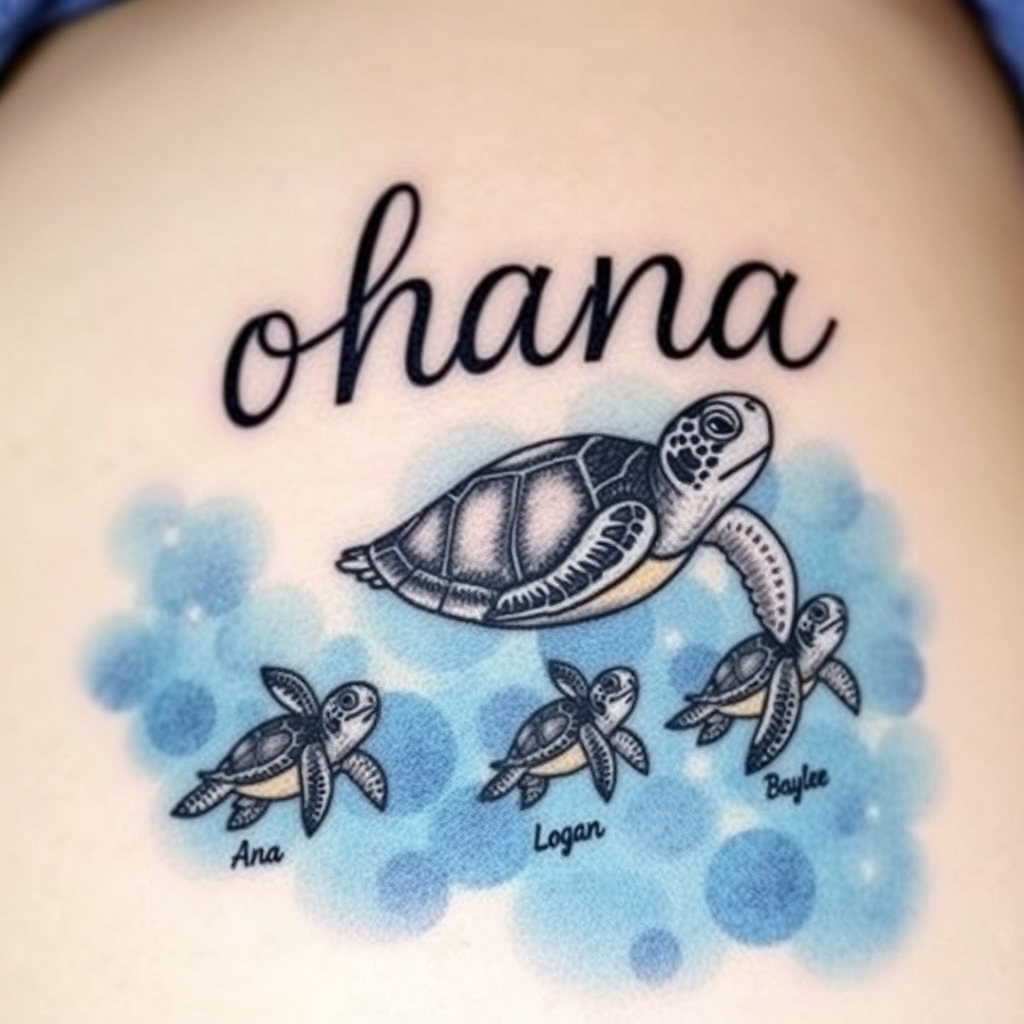 A tattoo design of A momma sea turtle swimming toward the word ohana with 3 baby sea turtles following behind in a stream of water with the names Ana Logan and baylee by the baby sea turtles. The baby sea turtles looking like Finding Nemo sea turtles in the style of realistic. - sea turtle family tattoo design generated by AI tattoo generator