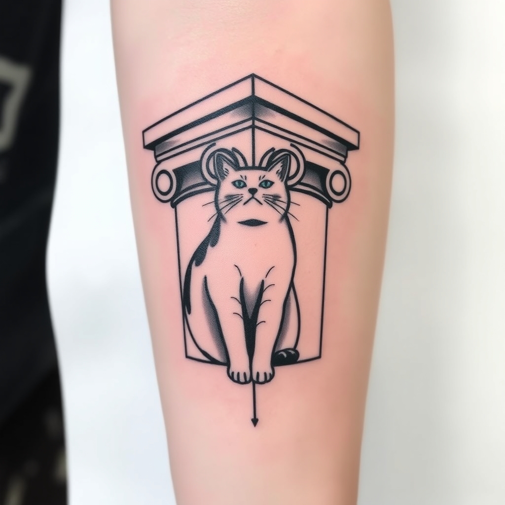 A tattoo design of Greek pillar with a cat  in the style of minimalist. - greek architecture tattoo design generated by AI tattoo generator