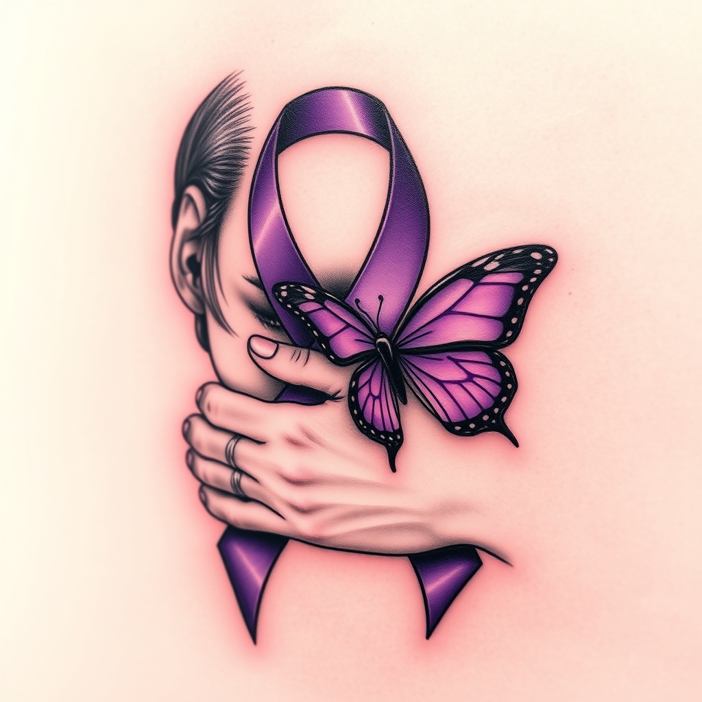 A tattoo design of Domestic violence ribbon awareness inclined together with a purple butterfly as a women hunched over her hands overing her face in the style of realistic. - domestic violence awareness tattoo design generated by AI tattoo generator