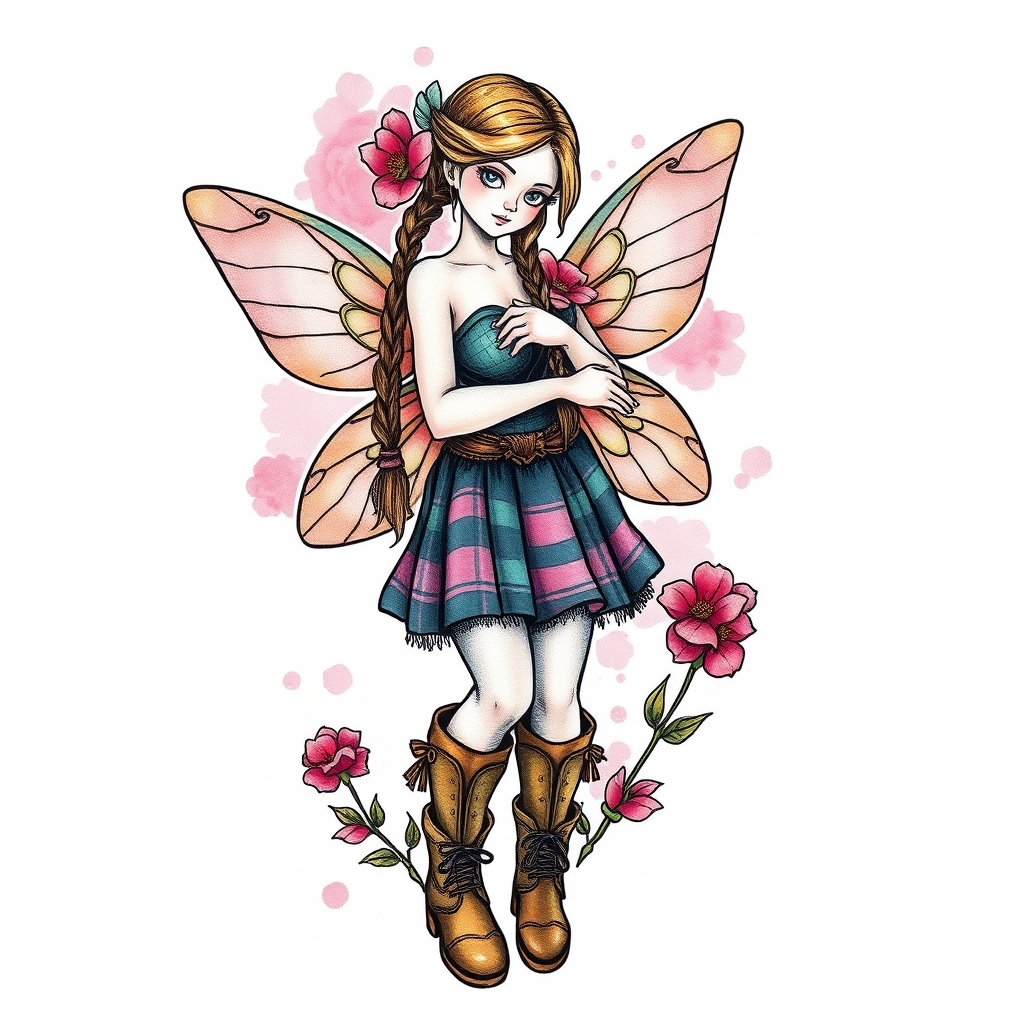 A tattoo design of Scottish flower fairy, wearing kilt and dm boots hair in braids saltire in background in the style of watercolor. - mythical creatures tattoo design generated by AI tattoo generator