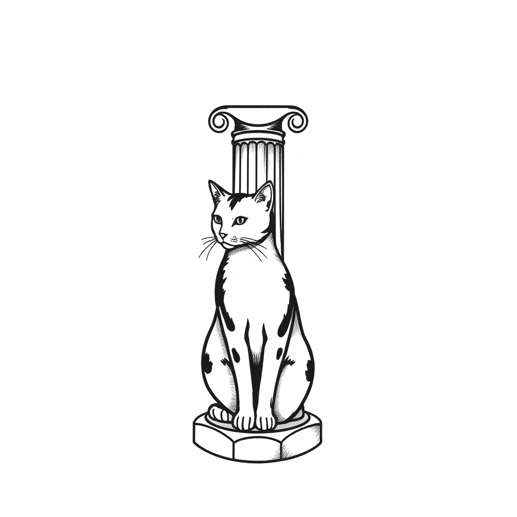 A tattoo design of Greek pillar with a cat  in the style of minimalist. - greek architecture tattoo design generated by AI tattoo generator