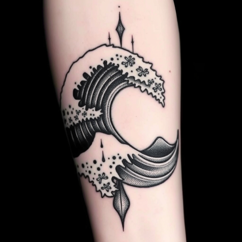 A tattoo design of A wave in the style of realistic. - ocean wave tattoo design generated by AI tattoo generator