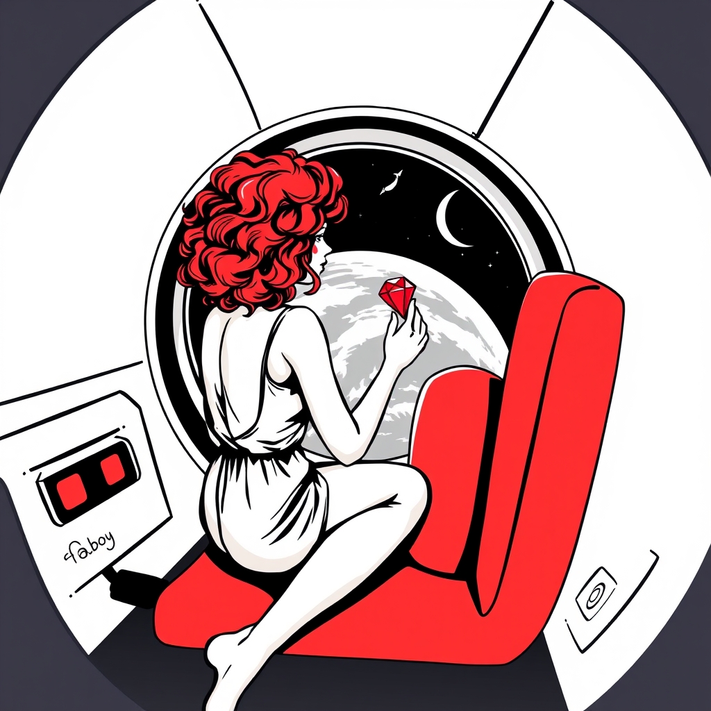A tattoo design of Black and grey style. Curious redhead woman in romper with curly hair sitting in a small space capsule alone, facing the window. Floating through space with nothing to keep her company but a shining red ruby which she holds close by the porthole window. They are both sitting by the window peering out on an unknown planet. in the style of minimalist. - space exploration tattoo design generated by AI tattoo generator