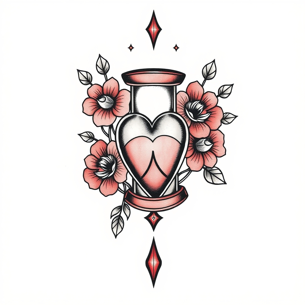A tattoo design of hourglass heart flowers vintage tattoo on white background in the style of traditional. - heart tattoo tattoo design generated by AI tattoo generator