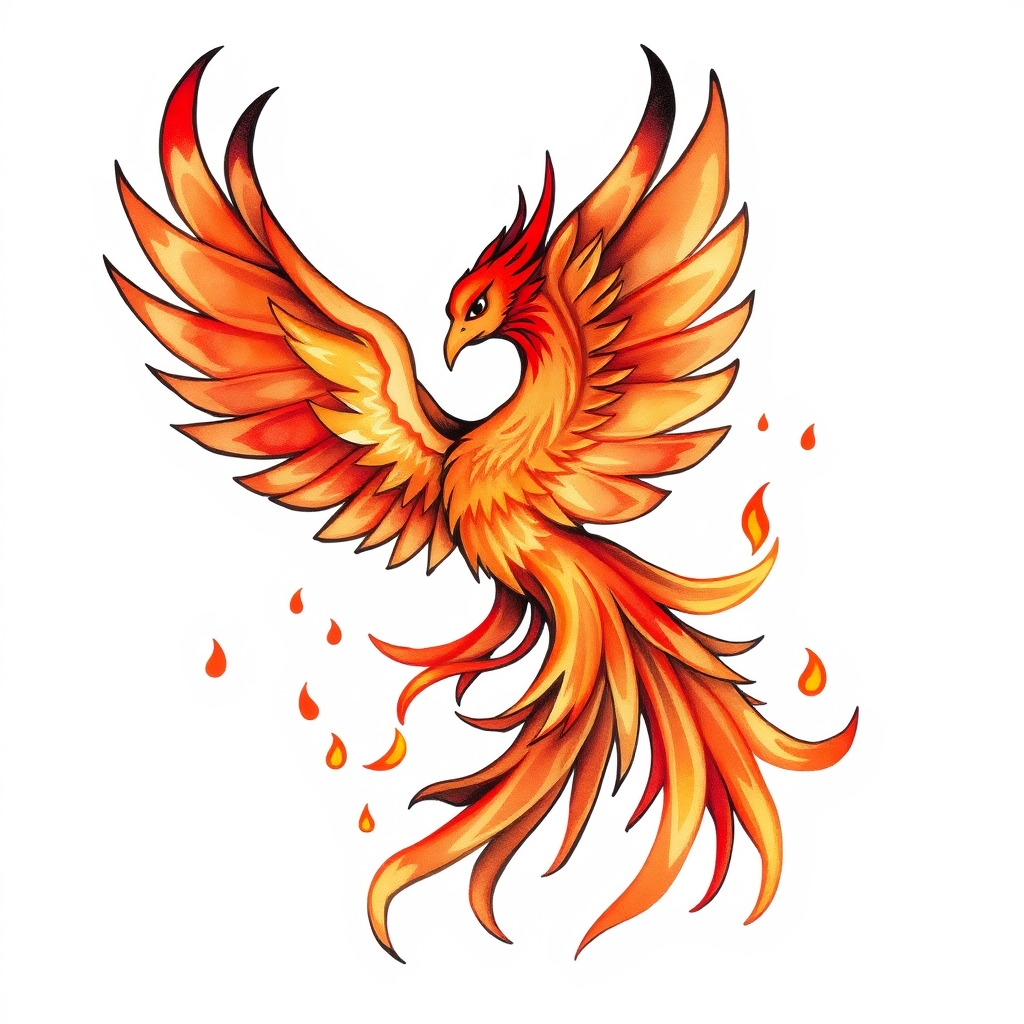 A tattoo design of pheonix, flames, whimsical in the style of watercolor. - mythical creature tattoo design generated by AI tattoo generator