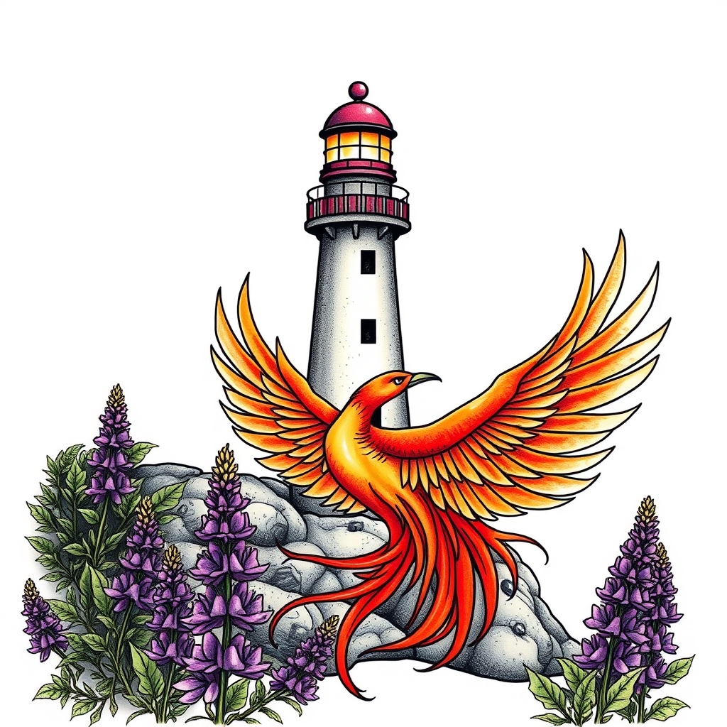 A tattoo design of  lighthouse with a phoenix an purple lupines   in the style of realistic. - mythical creatures tattoo design generated by AI tattoo generator