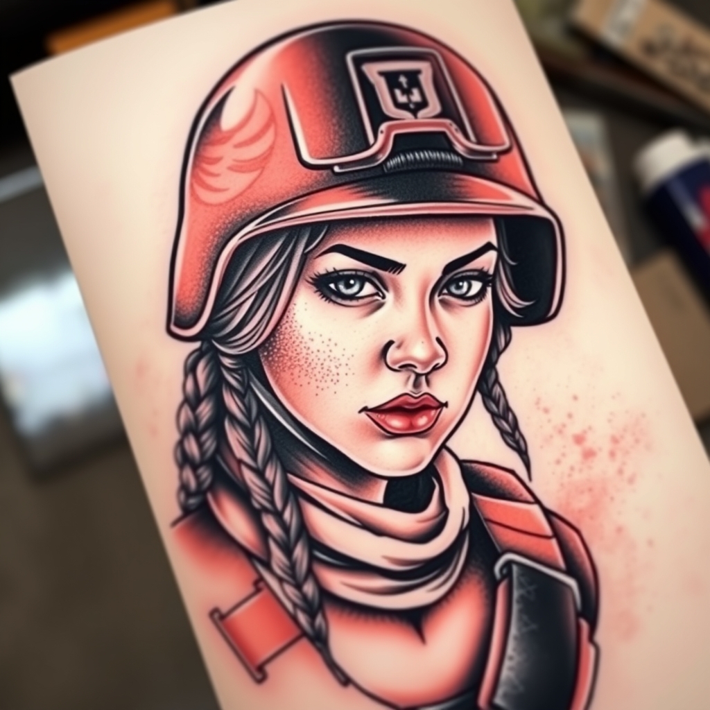 A tattoo design of Ukranian Soldier girl in helmet in the style of realistic. - military portrait tattoo design generated by AI tattoo generator