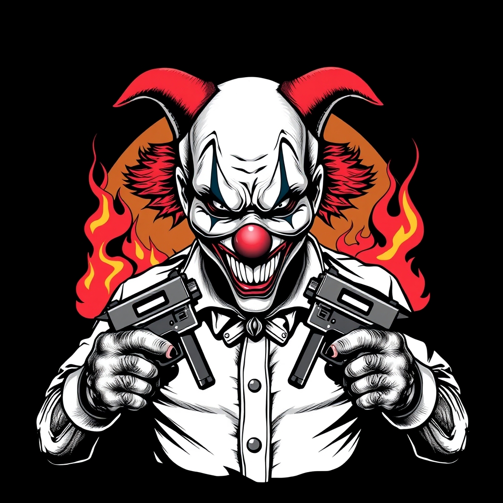 A tattoo design of 220 logo clownface guns and gangster Crips behind him in the style of surrealistic. - gang culture tattoo design generated by AI tattoo generator