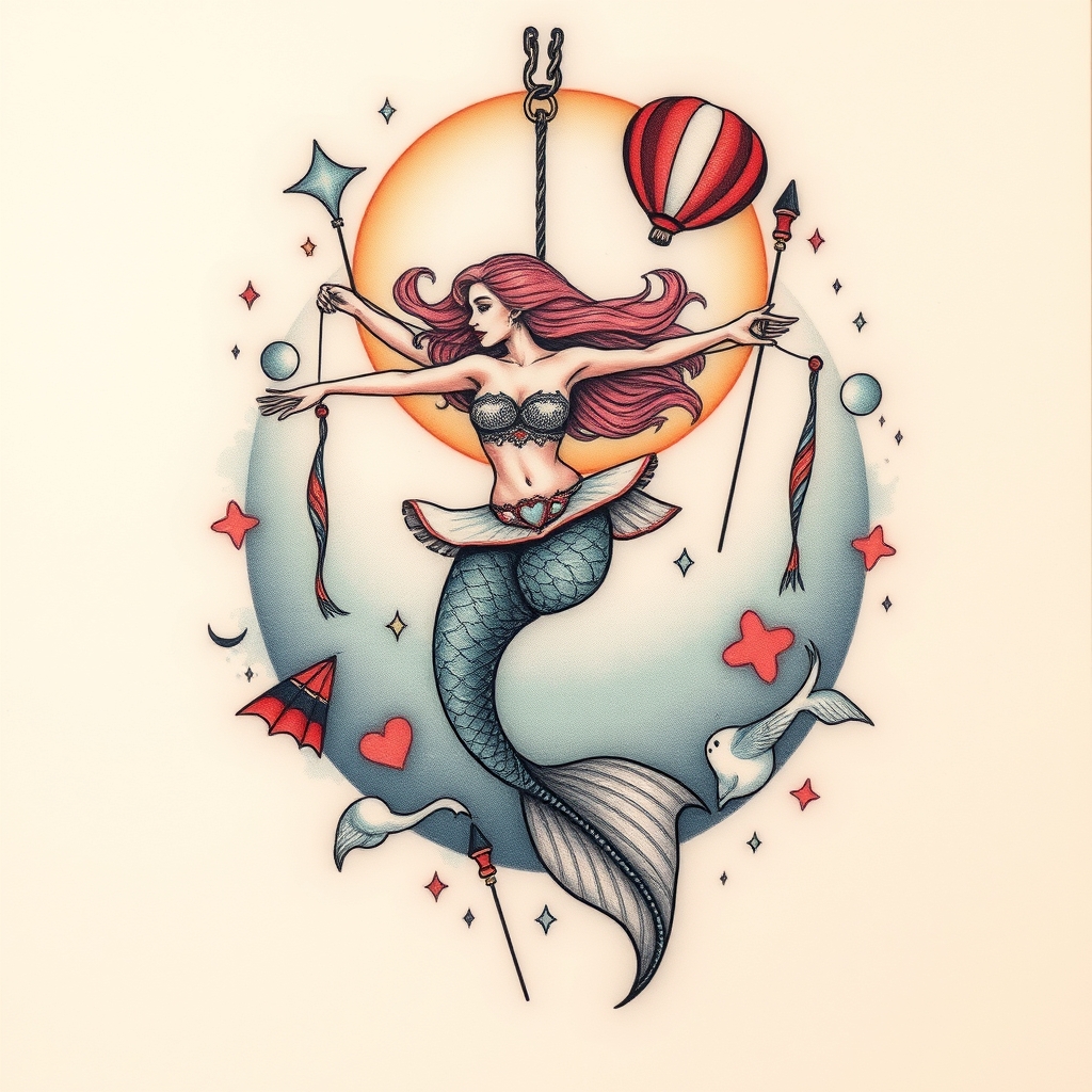 A tattoo design of Mermaid, aerial acrobatics, circus in the style of surrealistic. - circus performer tattoo design generated by AI tattoo generator