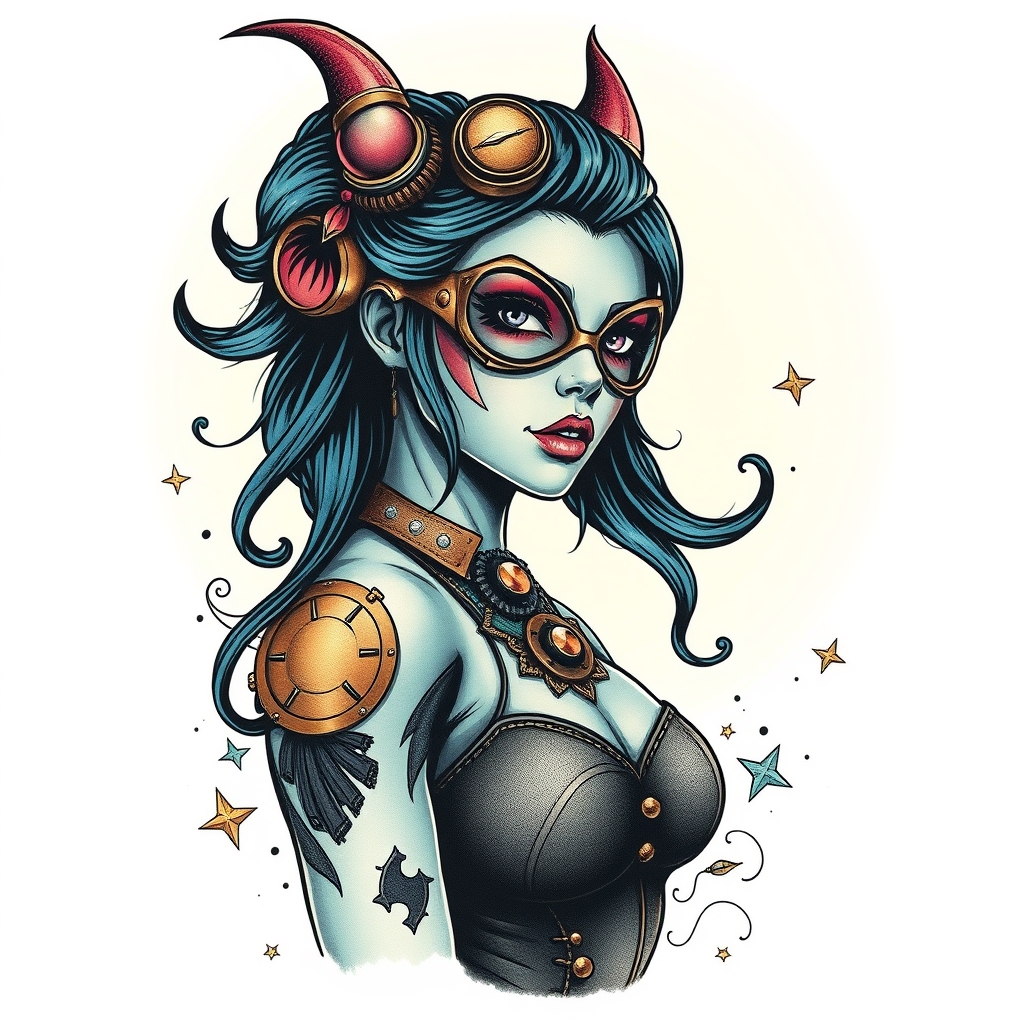 A tattoo design of Steampunk superhero girl who is mystique in the style of surrealistic. - steampunk superhero tattoo design generated by AI tattoo generator