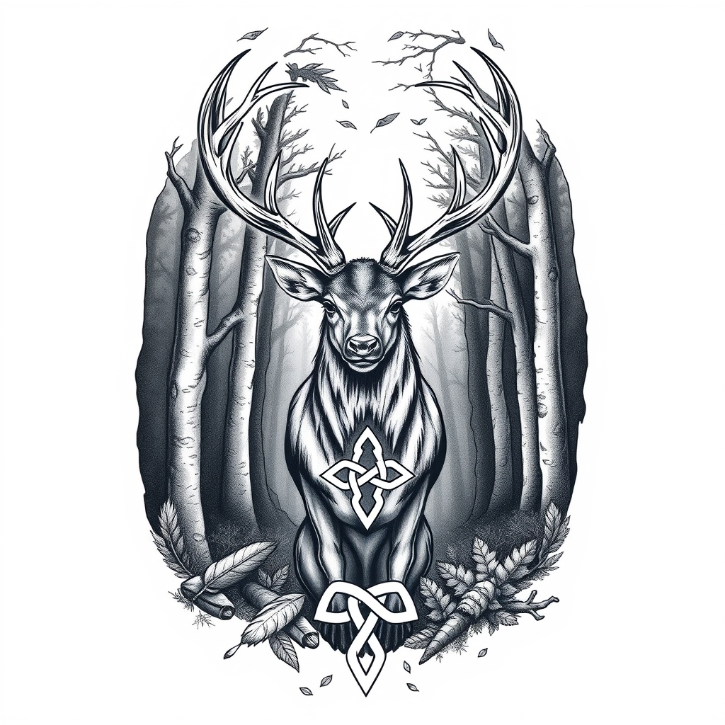 A tattoo design of A majestic Stag in a dense, lush forest with Celtic symbolism - Triskeles, tiple celtic knots Positioned in a dense Irish Forest. There is also some smaller details e.g. thorny branches, fallen feathers. looking to symbolise growth, and strength following periods of shame, regret and a mental health issues following a difficult time in my life. in the style of realistic. - celtic stag nature tattoo design generated by AI tattoo generator