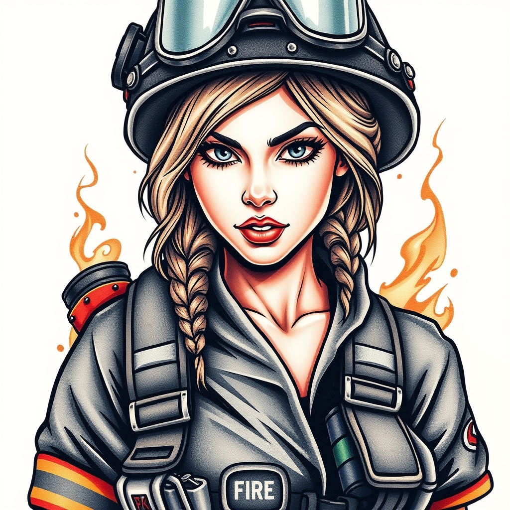 A tattoo design of A female firefighter pin up in bunker gear in the style of realistic. - firefighter pin up tattoo design generated by AI tattoo generator